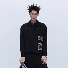 SAVAGEGROWTHWORLD Layered-Collar Slogan Polo Long-Sleeve T-Shirt