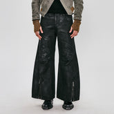 FLYERRER Waxed Deconstructed-Knee Zip-Hem Flared Pants