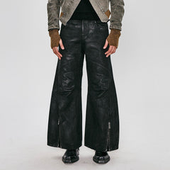 FLYERRER Waxed Deconstructed-Knee Zip-Hem Flared Pants