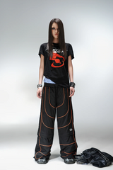 PCCVISION Contrast-Stitch Detachable Paneled Wide-Leg Pants