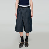 OPICLOTH Washed Asymmetric Fly Pleated Denim Shorts