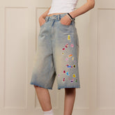 DONSMOKE Whimsical Stickers Washed Raw-Edge Shorts