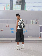 DND4DES Batwing Spliced Double-Waistband Raw Denim Shorts