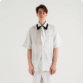 WIID Striped Contrast-Collar Tie-Neck Half Shirt
