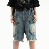 ERROR CODE ROBOT Washed Fringe Multi-Pocket Denim Shorts