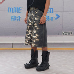 DND4DES Abstract Leopard Double-Waistband Denim Shorts