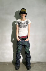 PCCVISION Contrast-Stitch Embroidered Raw Jeans
