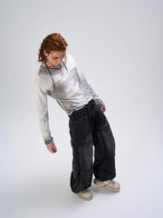 FLYERRER Washed Gradient Cross-Panel Raw-Edge Long-Sleeve Tee