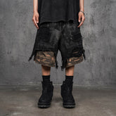 UNDERWATER Double-Layered Ripped Camo Shorts Black