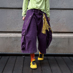 RELABEL Detachable Scarf Washed Multi-Pocket Wide-Leg Shorts Purple
