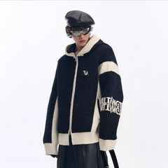 TIWILLTANG Contrast Trim Dual-Zip LOGO Chunky Knit Jacket