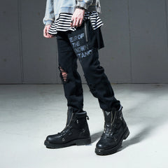 VENTUREK Distressed Zippered-Hem Slogan Slim Pants