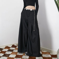 ASSEEN Asymmetrical Tab Pleated Wide-Leg Pants Black