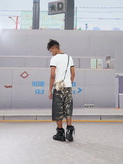 DND4DES Abstract Leopard Double-Waistband Denim Shorts