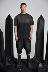 SSIN7 Washed Frayed Spliced Denim Shorts