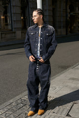 STEEPC Firework Embroidered Rhinestone Curved Raw Jeans