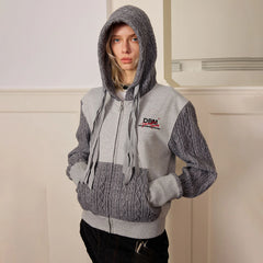 DONSMOKE Spliced Cable-Knit Zip-Up Hoodie