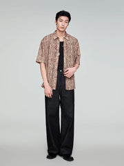 OPICLOTH Retro Woodgrain Full-Print Ruffle Half Shirt