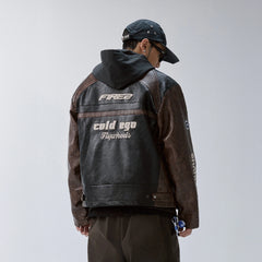 F2CE Retro Embroidered Patch PU Moto Jacket