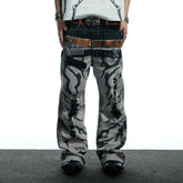 DND4DES Distressed Print Double-Waist Flare Jeans White