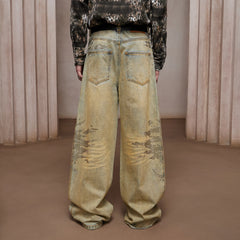 DND4DES Dirty-Washed Diamond Wide-Leg Jeans Yellow