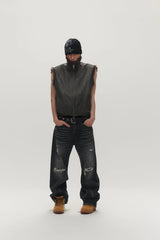 SAVAGEGROWTHWORLD Washed Faux Fur Lining Studded Vest