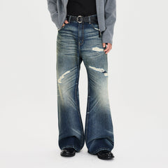 CATSSTAC Distressed Wrinkled Washed Wide-Leg Jeans