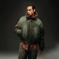 TRECLUB Distressed Patch Quilted Bomber
