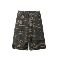 DONSMOKE Camo Multi-Pocket Raw-Edge Curved Shorts