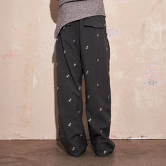 SAME FLOW Floral Embroidery Pleated Wide-Leg Trousers