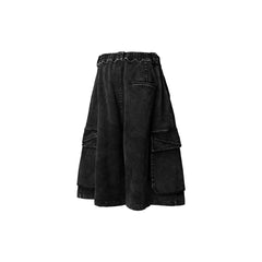 RELABEL Detachable Scarf Washed Multi-Pocket Wide-Leg Shorts Black