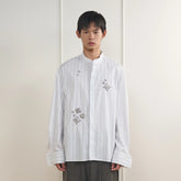 ORAL UTOPIA Silver Embellished Striped Mandarin Collar Shirt