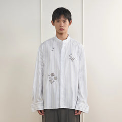ORAL UTOPIA Silver Embellished Striped Mandarin Collar Shirt