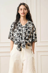 EPIC POETRY Monochrome Collage Grid Cuban Half Shirt