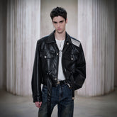 FACEONLAB Metal Epaulettes Belted Faux Leather Jacket Black