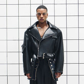 455EMBLE Asymmetrical Back-Zip Cropped PU Biker Jacket