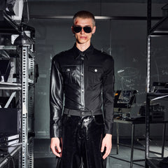 455EMBLE Faux Leather Panelled Epaulette Slim Shirt