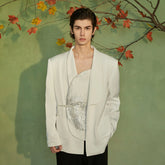JIECHI Asymmetrical Curved Placket Jacquard Blazer