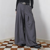 ASSEEN Asymmetrical Tab Pleated Wide-Leg Pants Gray