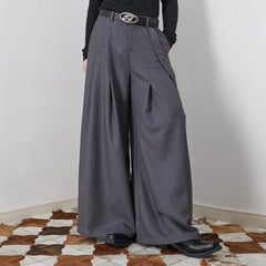 ASSEEN Asymmetrical Tab Pleated Wide-Leg Pants Gray