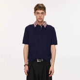 KREATE Preppy Spliced Plaid Collar Knit Polo