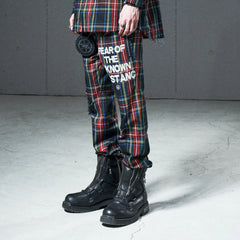 VENTUREK Distressed Zippered-Hem Slogan Slim Plaid Pants
