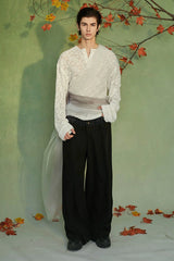 JIECHI Layered Sheer Wrap Lace Henley Shirt