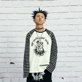 VENTUREK Punk Graphic Multi-Zip Striped Raglan Long-Sleeve Tee