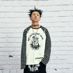 VENTUREK Punk Graphic Multi-Zip Striped Raglan Long-Sleeve Tee
