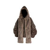 RELABEL Detachable Plush Scarf Ruched Hooded Jacket Brown