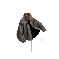 RELABEL Detachable Faux Fur Collar Drawstring Jacket Gray