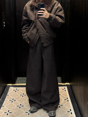 TRECLUB Double-Breasted Faux-Fur Lining Bomber Jacket