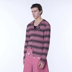 ASSEEN Horizontal Gradient Stripe Button Cardigan Pink