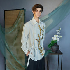 JIECHI Sequin Leaf Embroidered Asymmetrical Wrap Shirt